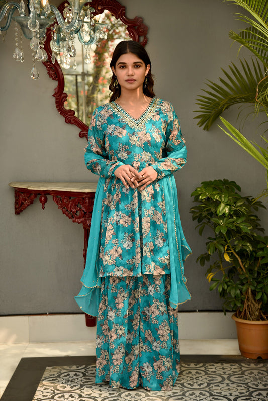 Turquoise Printed Sharara set with Embroidery