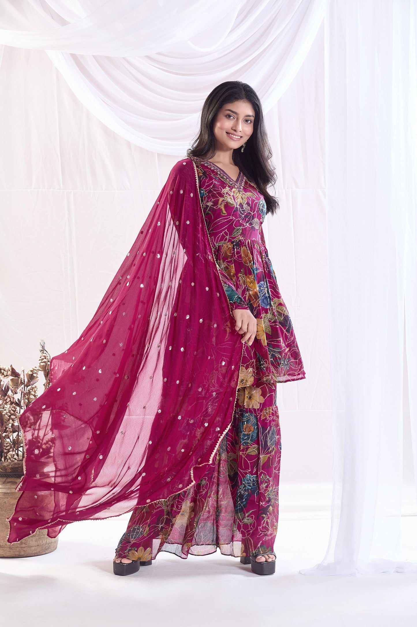 Berry Pink Printed Sharara set with Embroidery