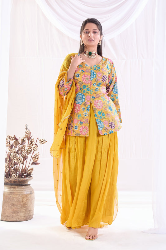 Vani Chinnon Printed Sharara set with Embroidery