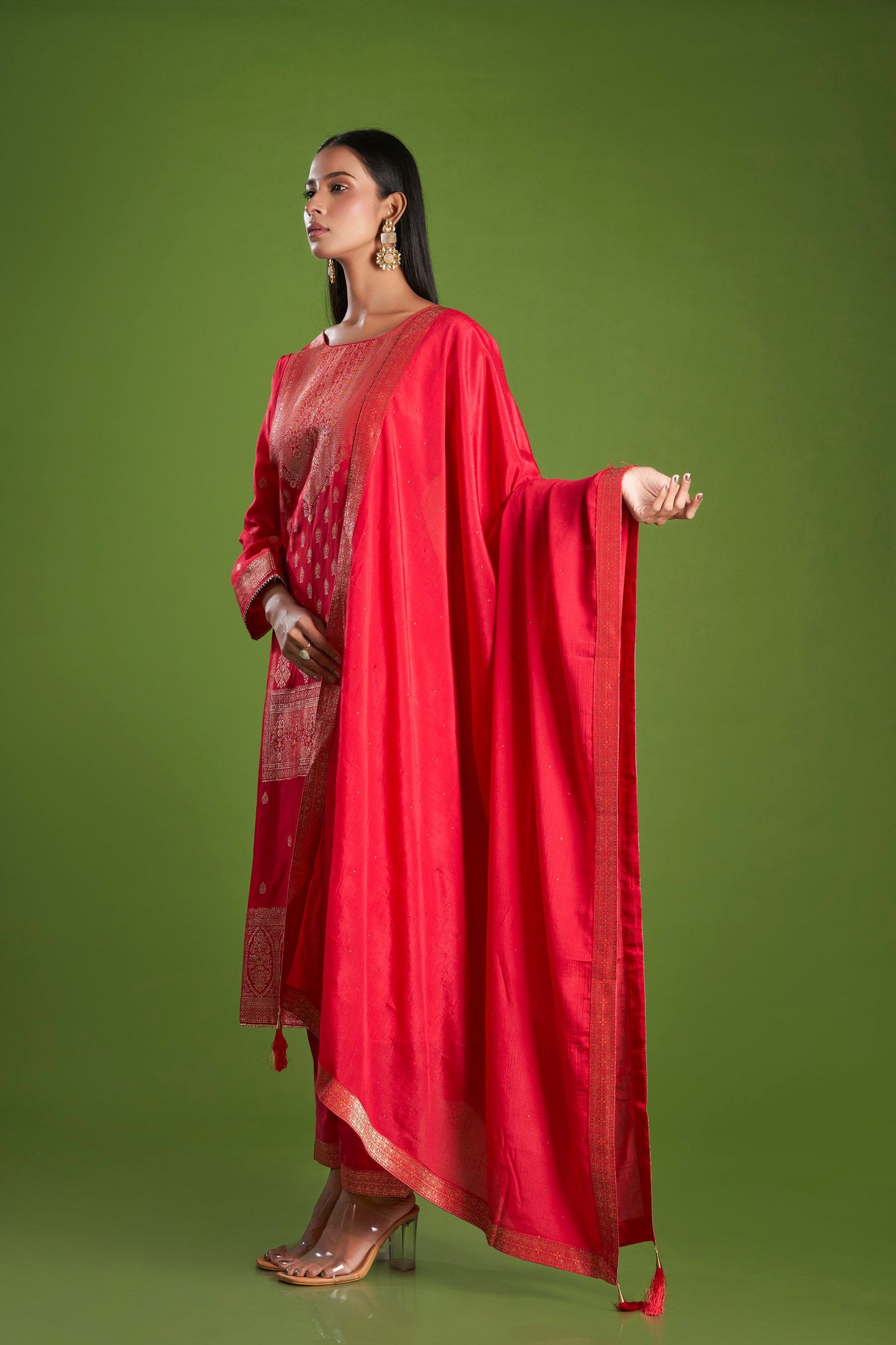 Saffron Red Jacquard Dola Silk Kurta Set