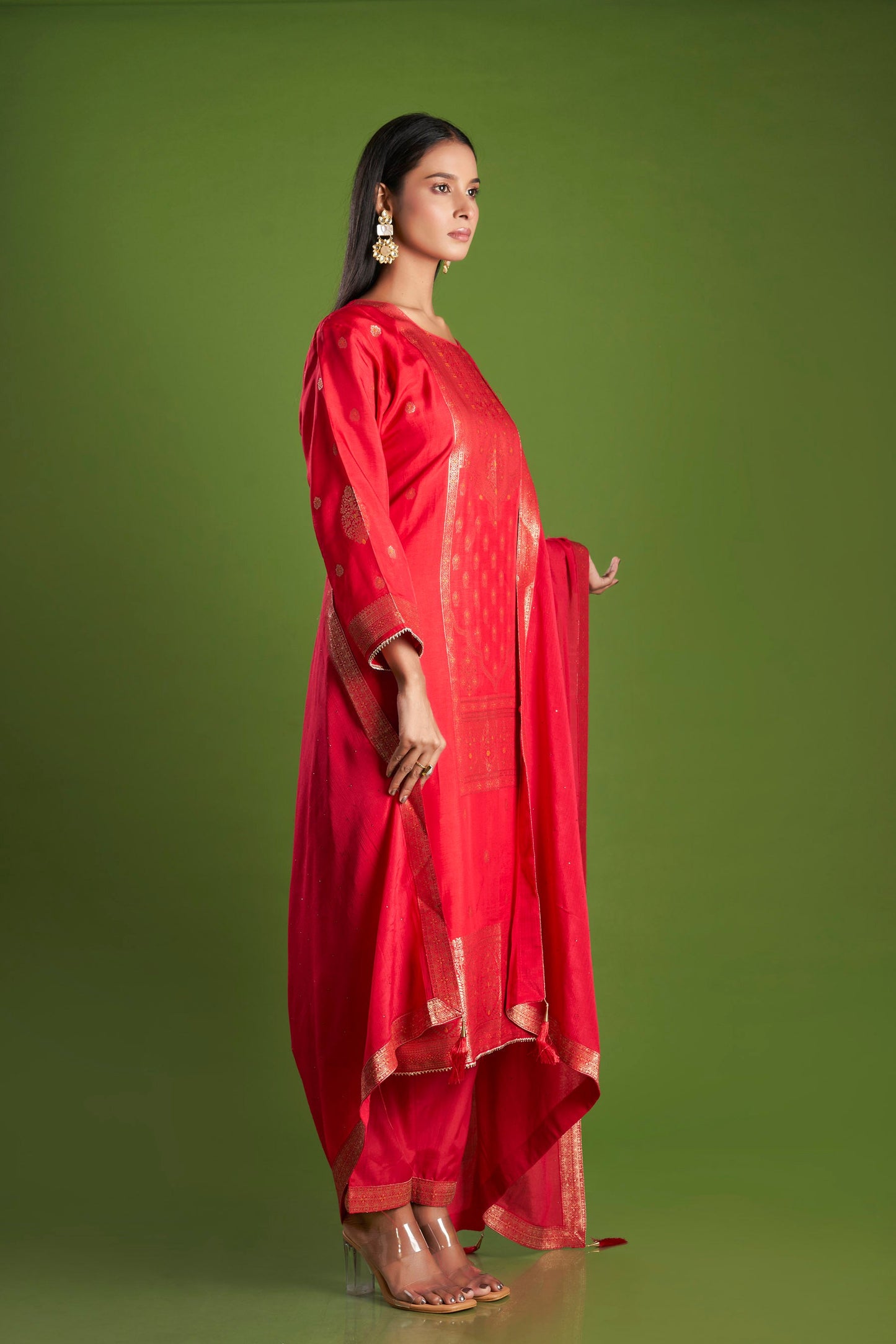 Saffron Red Jacquard Dola Silk Kurta Set