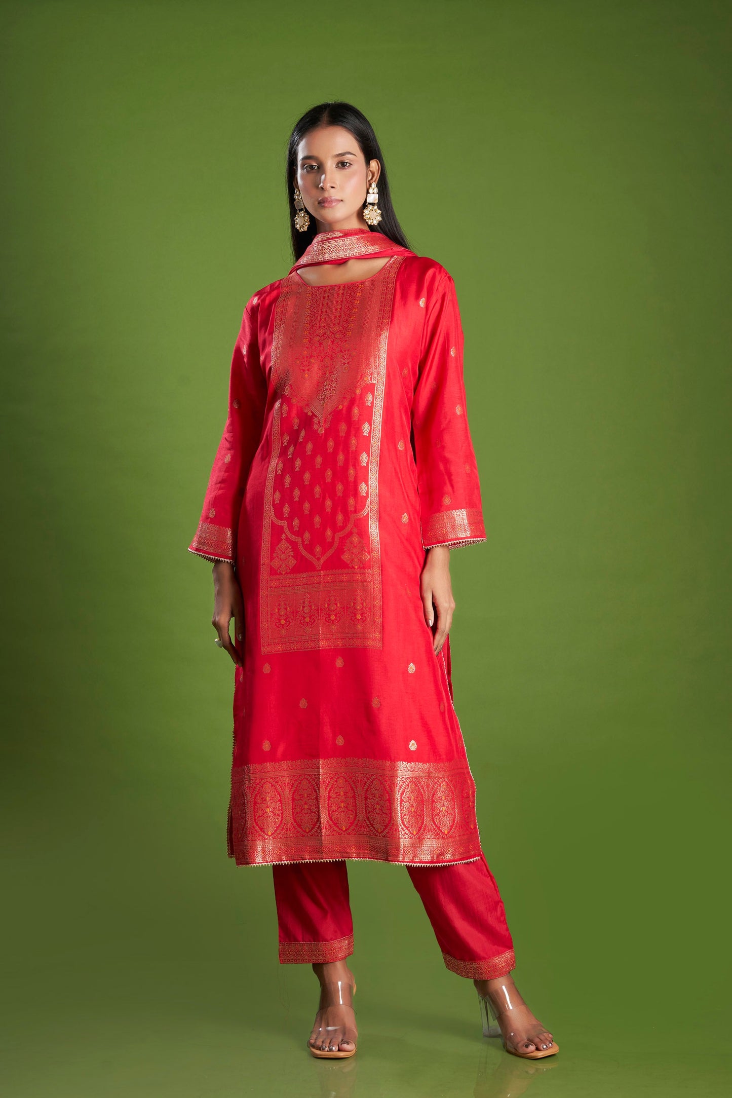 Saffron Red Jacquard Dola Silk Kurta Set