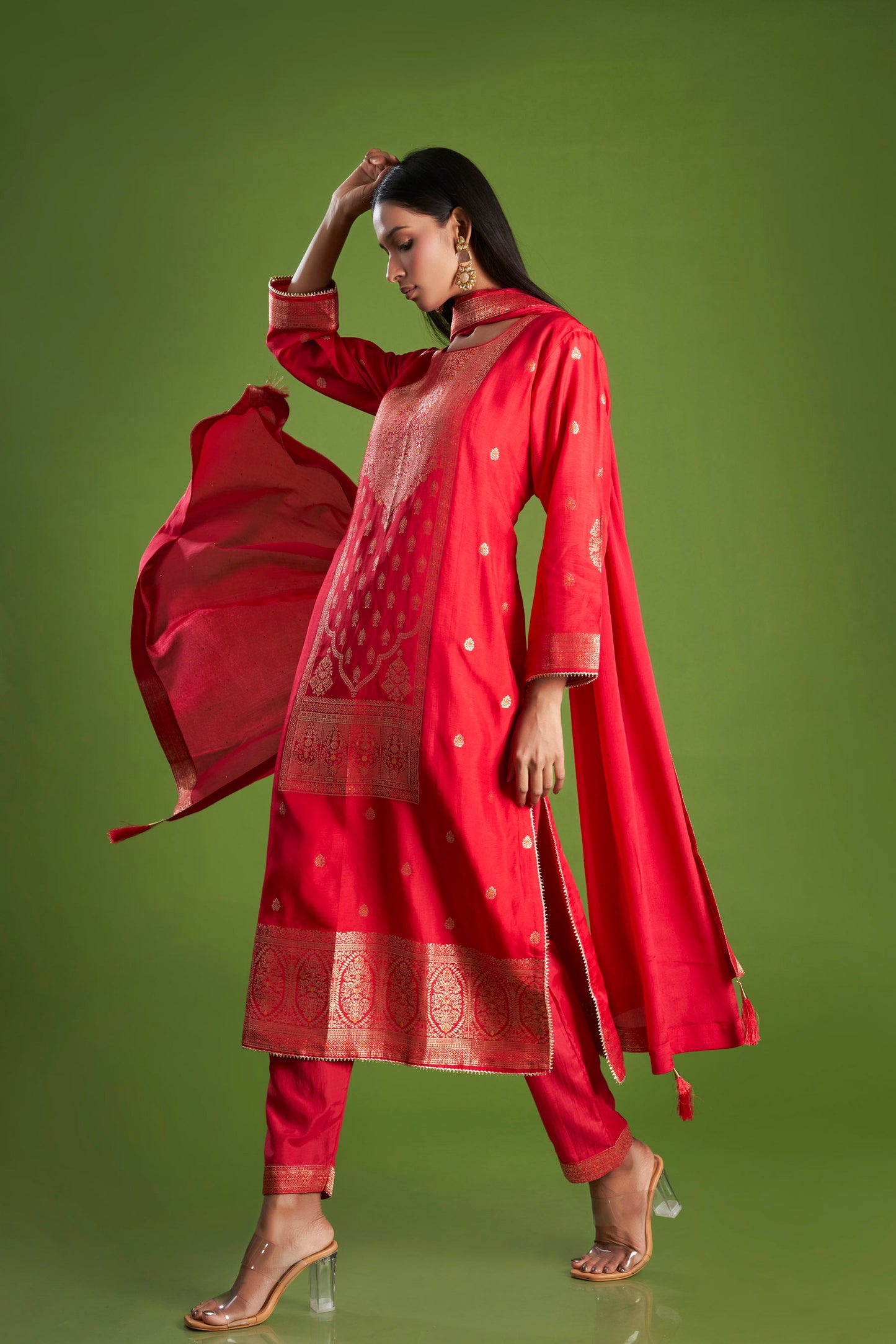 Saffron Red Jacquard Dola Silk Kurta Set