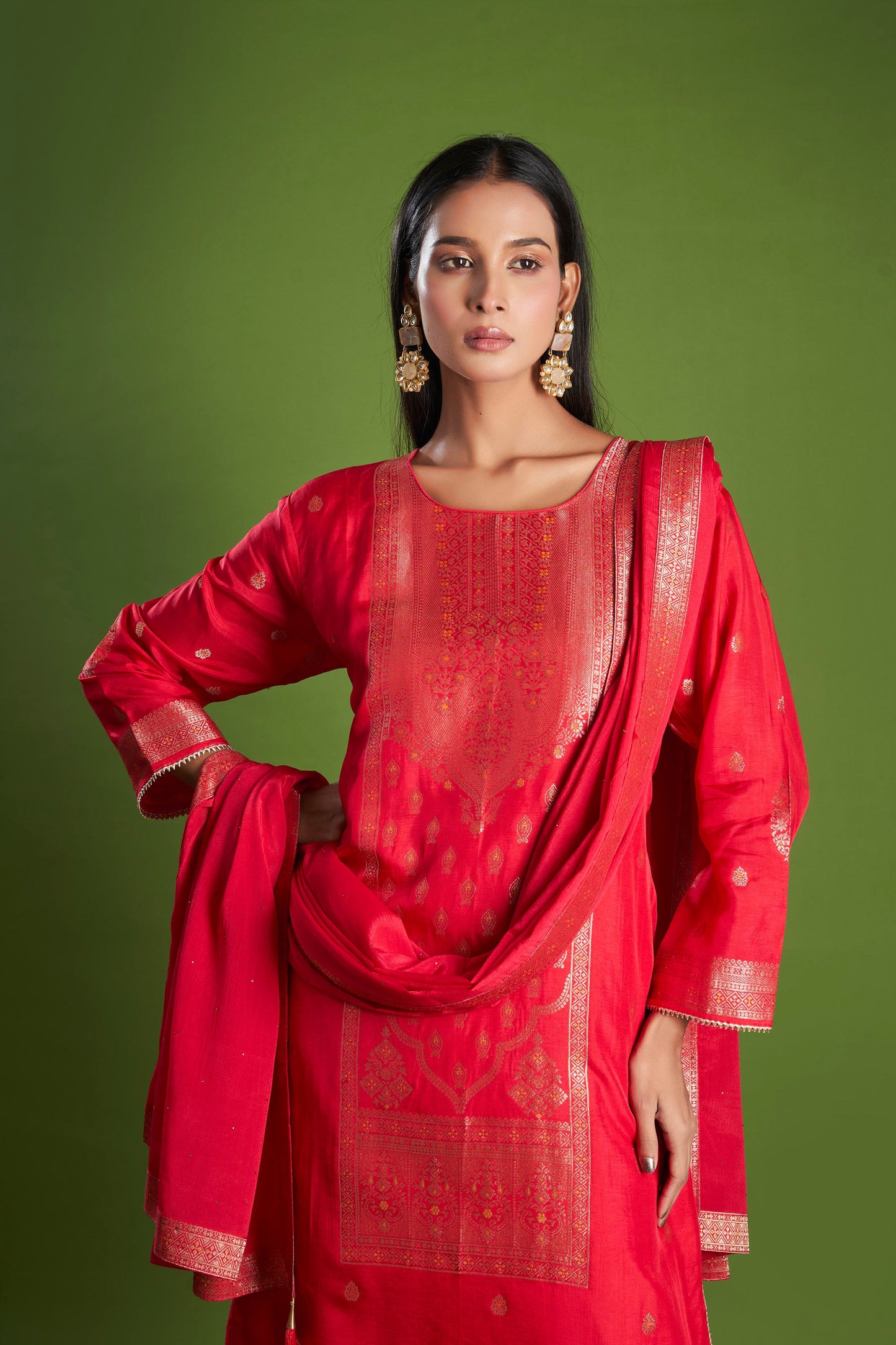 Saffron Red Jacquard Dola Silk Kurta Set