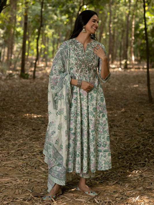 Pistachio Green Floral Print Pure Cotton Anarkali Set