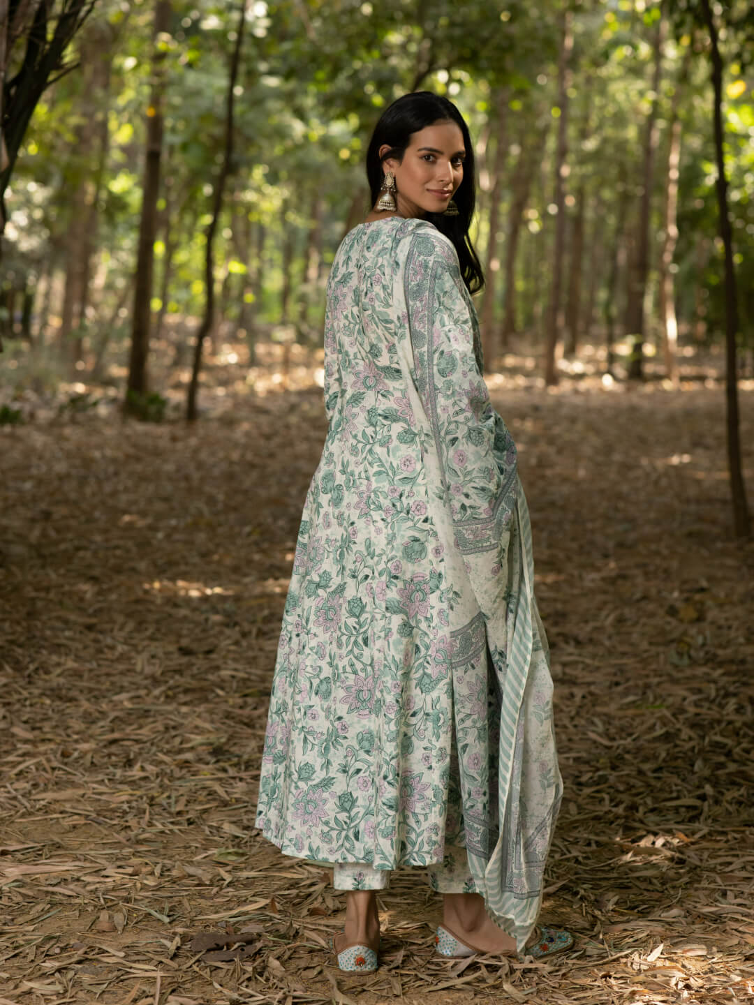 Pistachio Green Floral Print Pure Cotton Anarkali Set