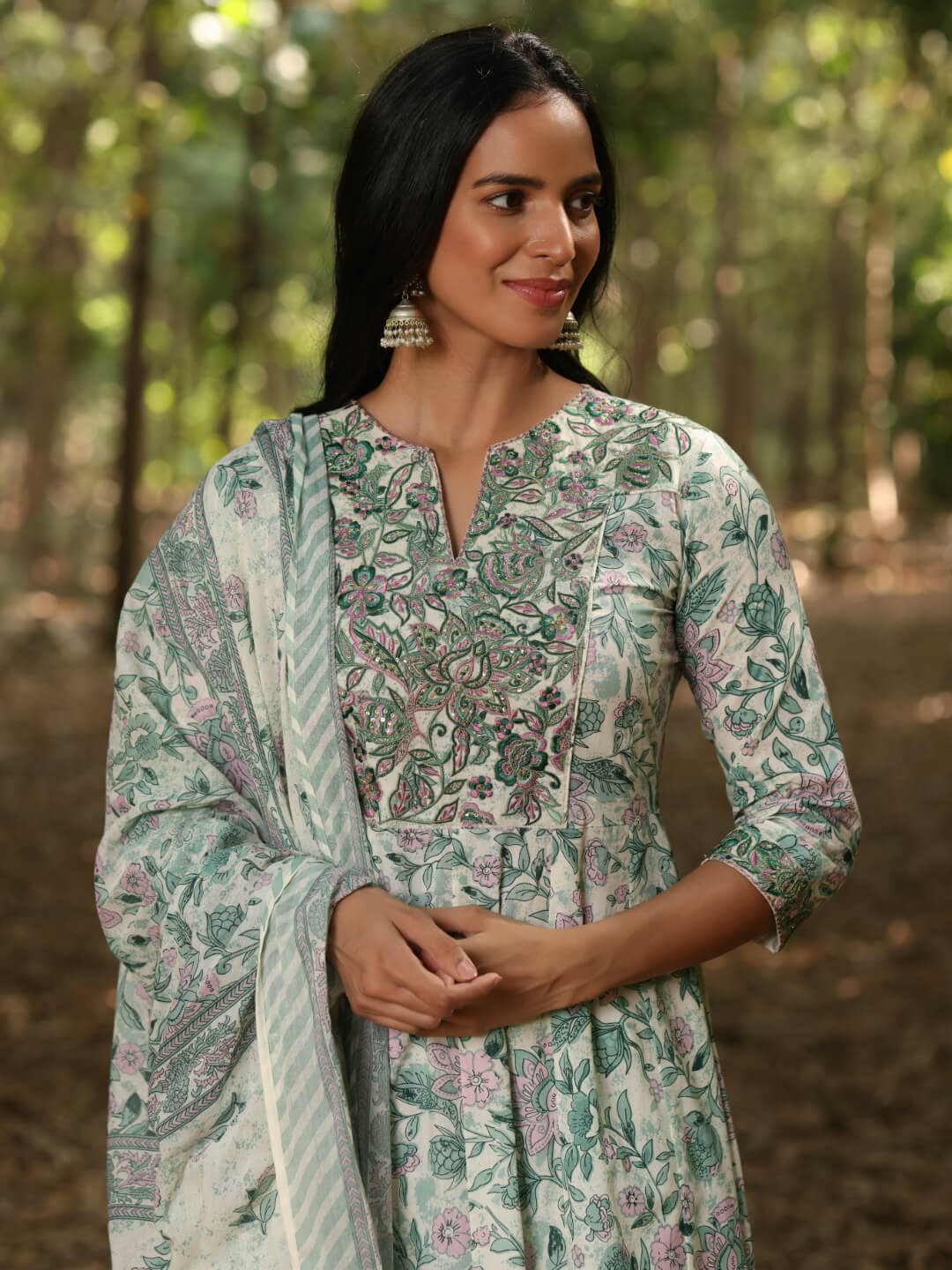 Pistachio Green Floral Print Pure Cotton Anarkali Set