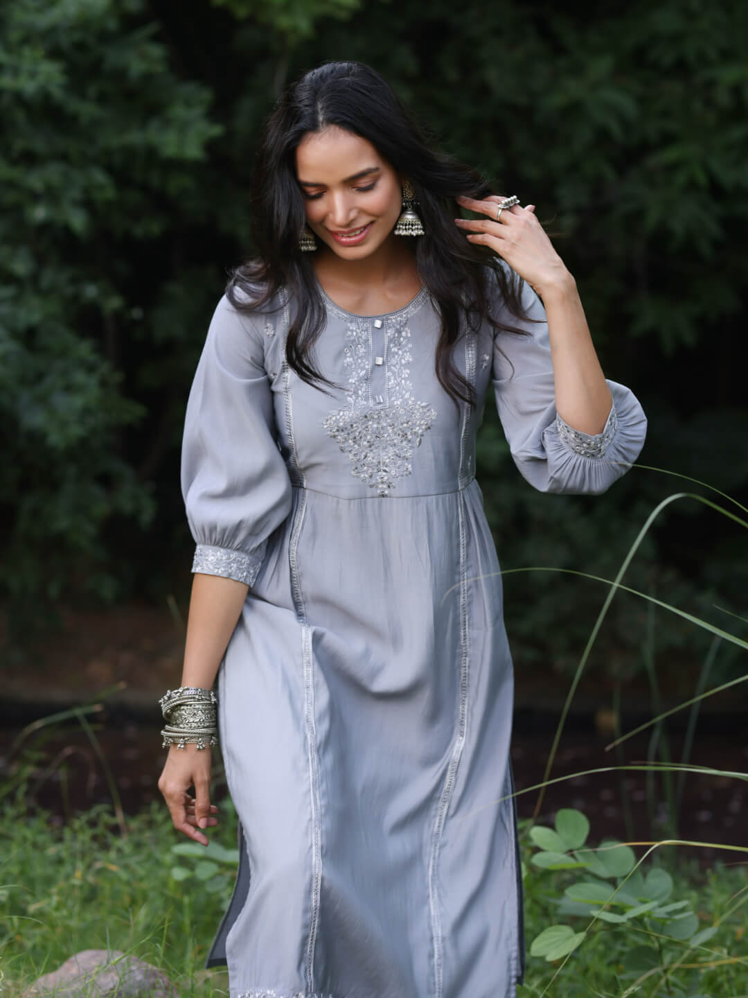 Surmai - Grey Viscose Silk Kurta Set with Shaded Embroidery