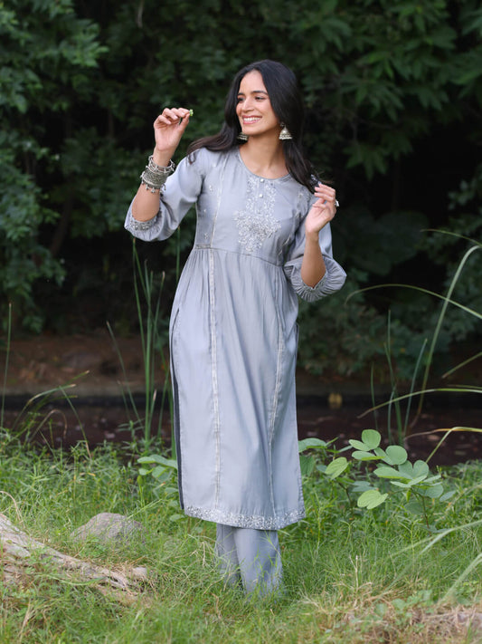 Surmai - Grey Viscose Silk Kurta Set with Shaded Embroidery