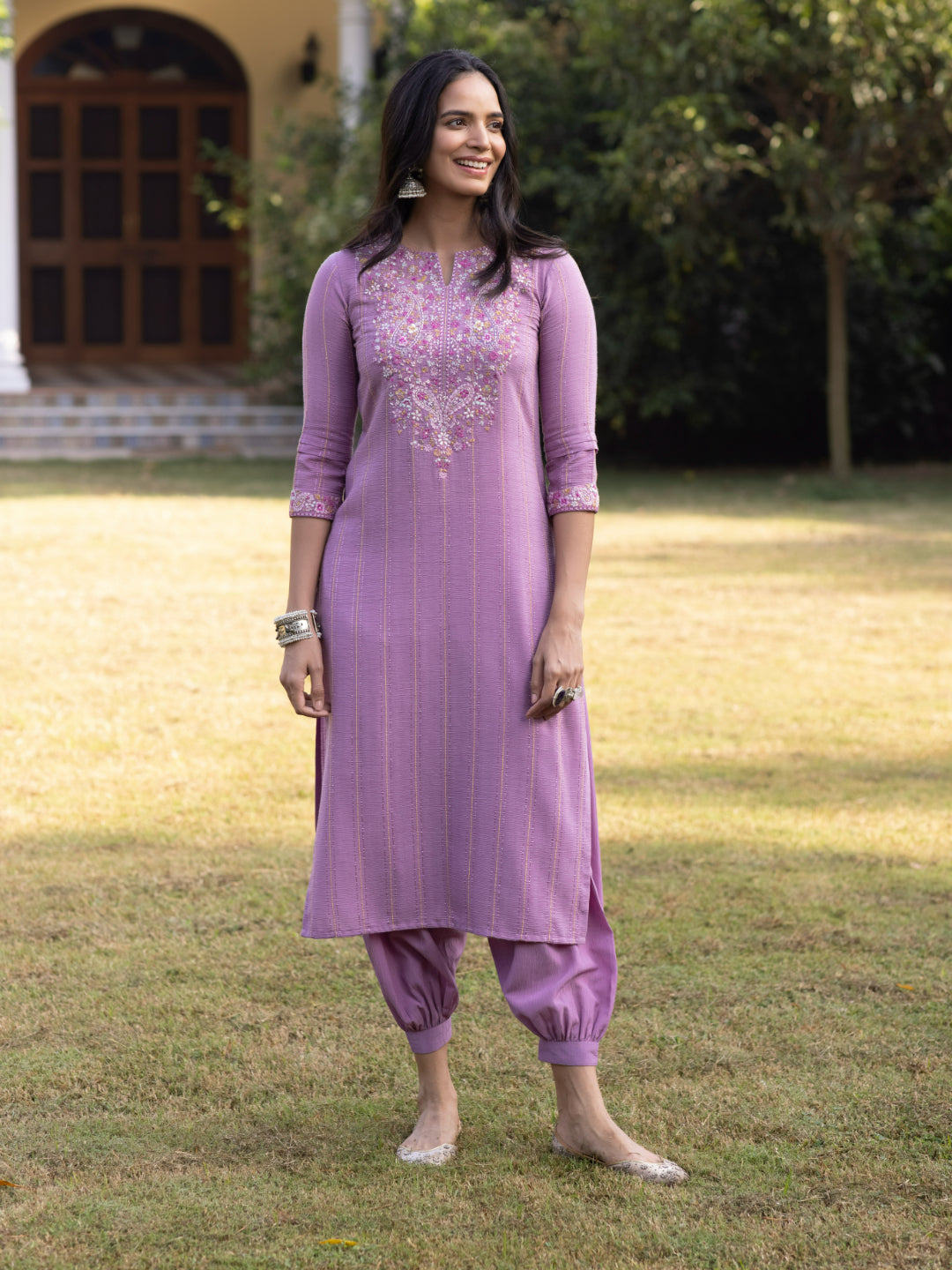 Lavender Fancy Fabric Kurta Set With Kashmiri Embroidery Work