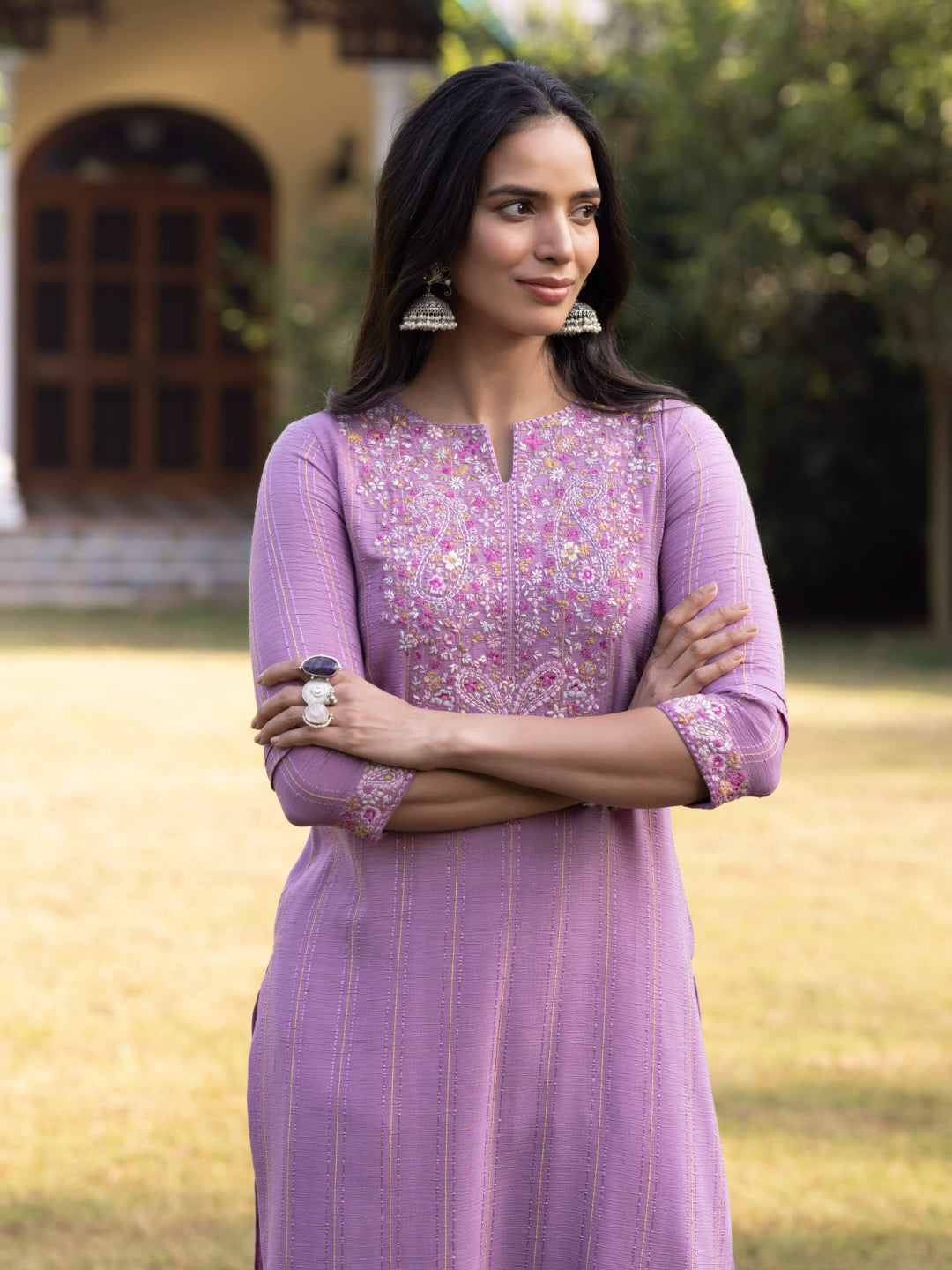 Lavender Fancy Fabric Kurta Set With Kashmiri Embroidery Work