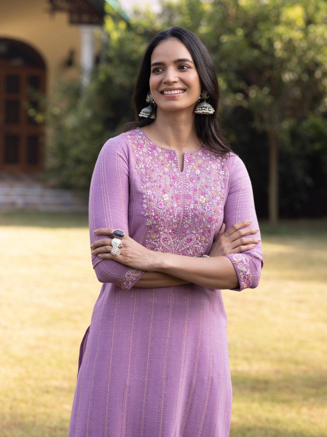 Lavender Fancy Fabric Kurta Set With Kashmiri Embroidery Work