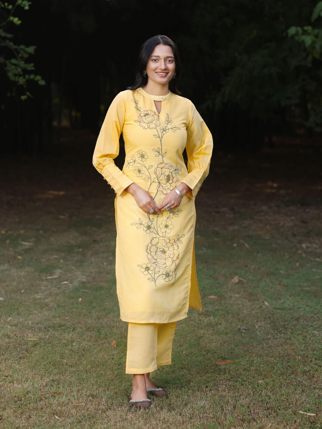 Yellow Viscose Silk Kurta Set with Embroidery