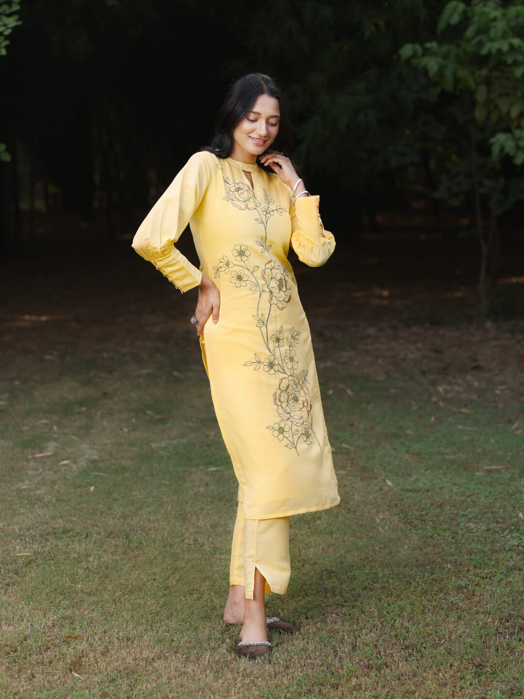 Yellow Viscose Silk Kurta Set with Embroidery