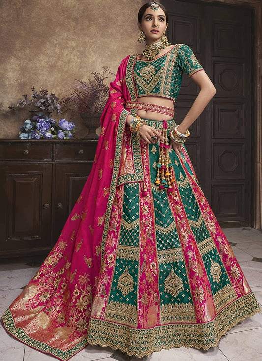 Rama Green Banarasi Silk Embroidered Umbrella Bridal Lehenga