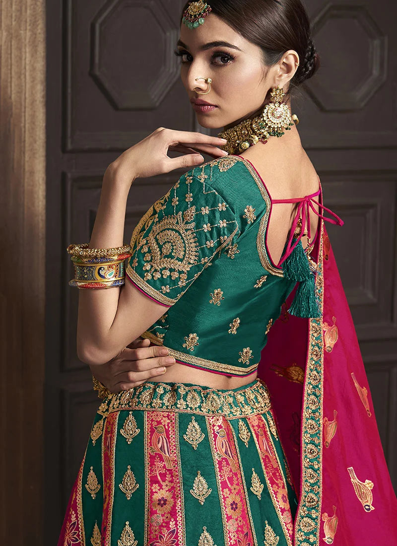 Rama Green Banarasi Silk Embroidered Umbrella Bridal Lehenga