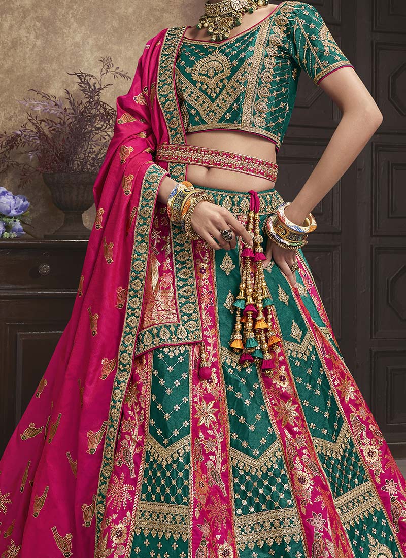 Rama Green Banarasi Silk Embroidered Umbrella Bridal Lehenga