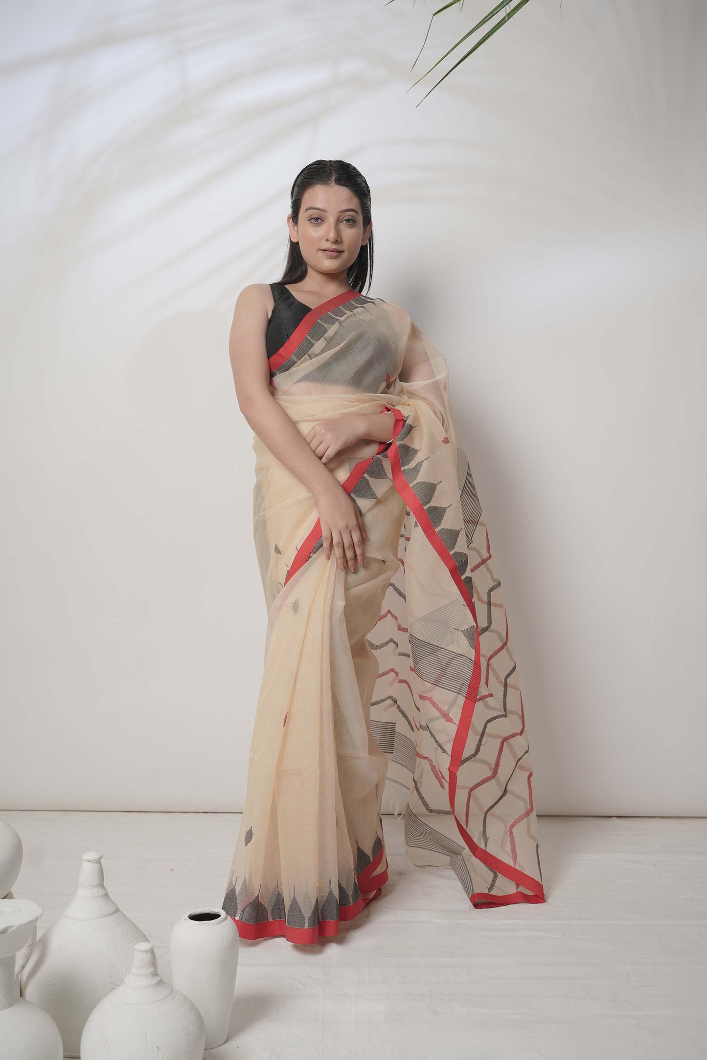 Rani Mahal | Beige Silk Handloom Saree with Red Border