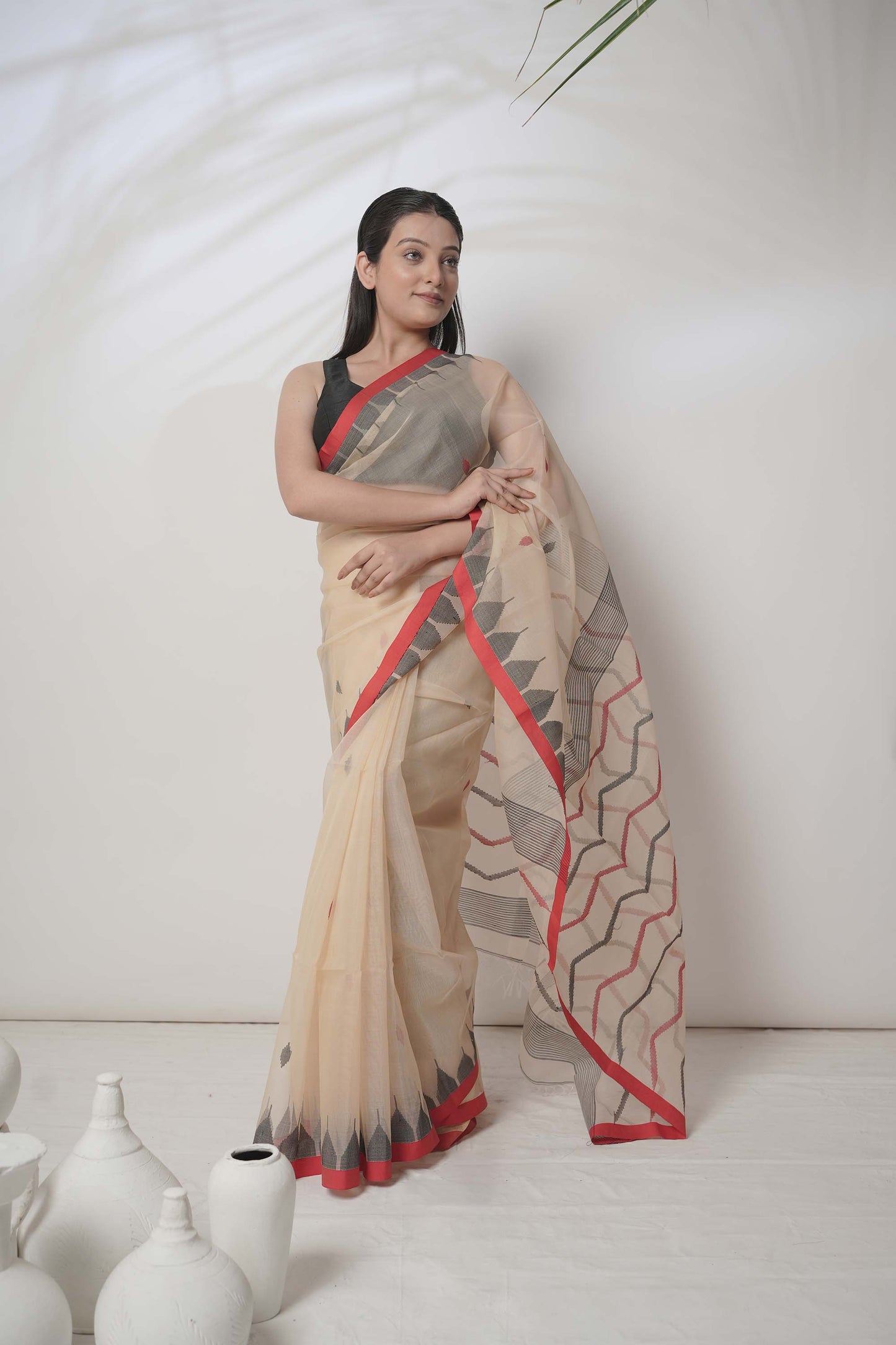 Rani Mahal | Beige Silk Handloom Saree with Red Border