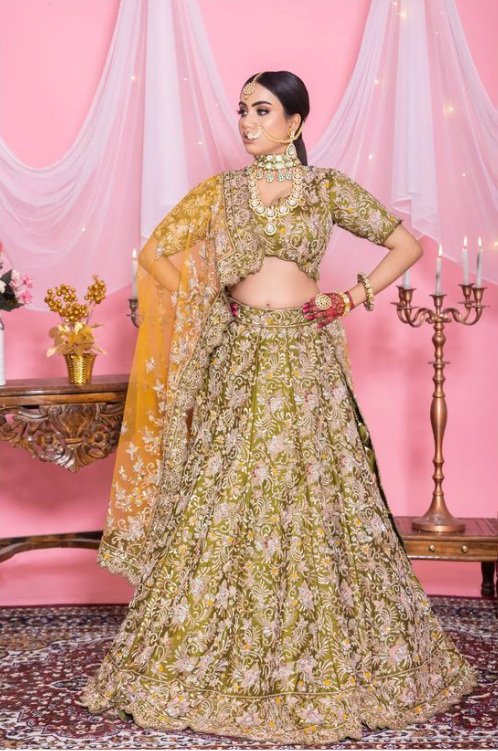 Mehendi Green Multi Sequins Embroidery Net Bridal Lehenga