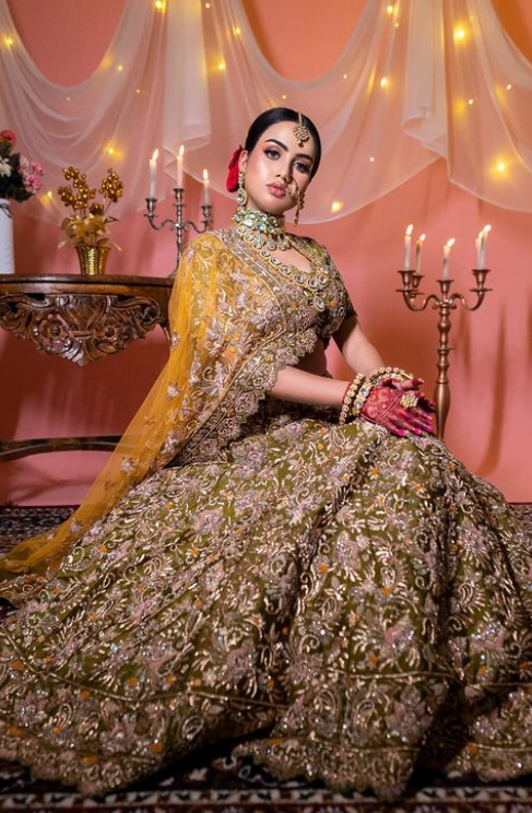 Mehendi Green Multi Sequins Embroidery Net Bridal Lehenga