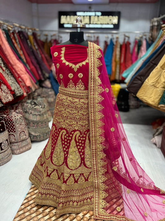 Red Bridal Micro Velvet lehenga ( Bazaar )