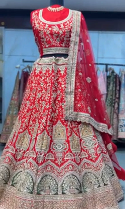 Dark Red Color Raw Silk Heavy Embroidery Bridal Lehenga