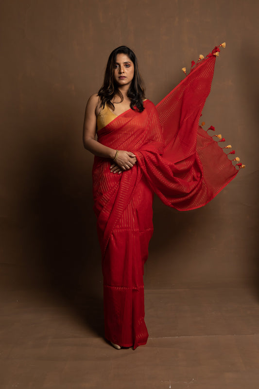 Red shooting star I Handloom red saree with zari stripes