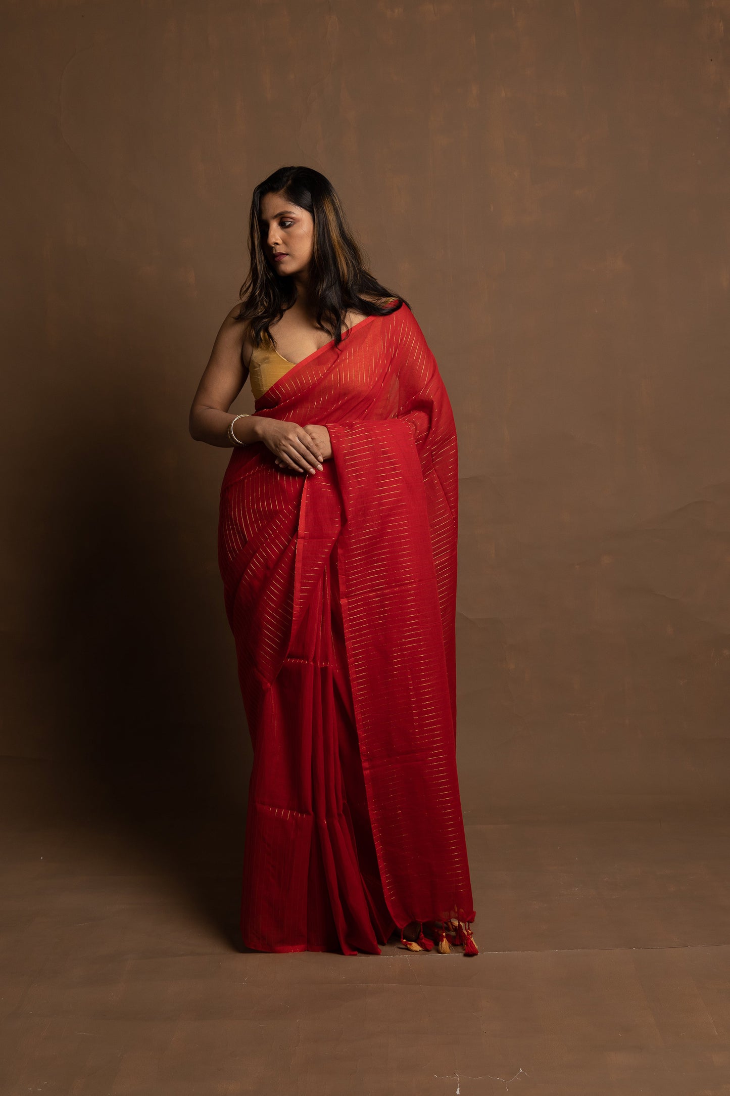 Red shooting star I Handloom red saree with zari stripes