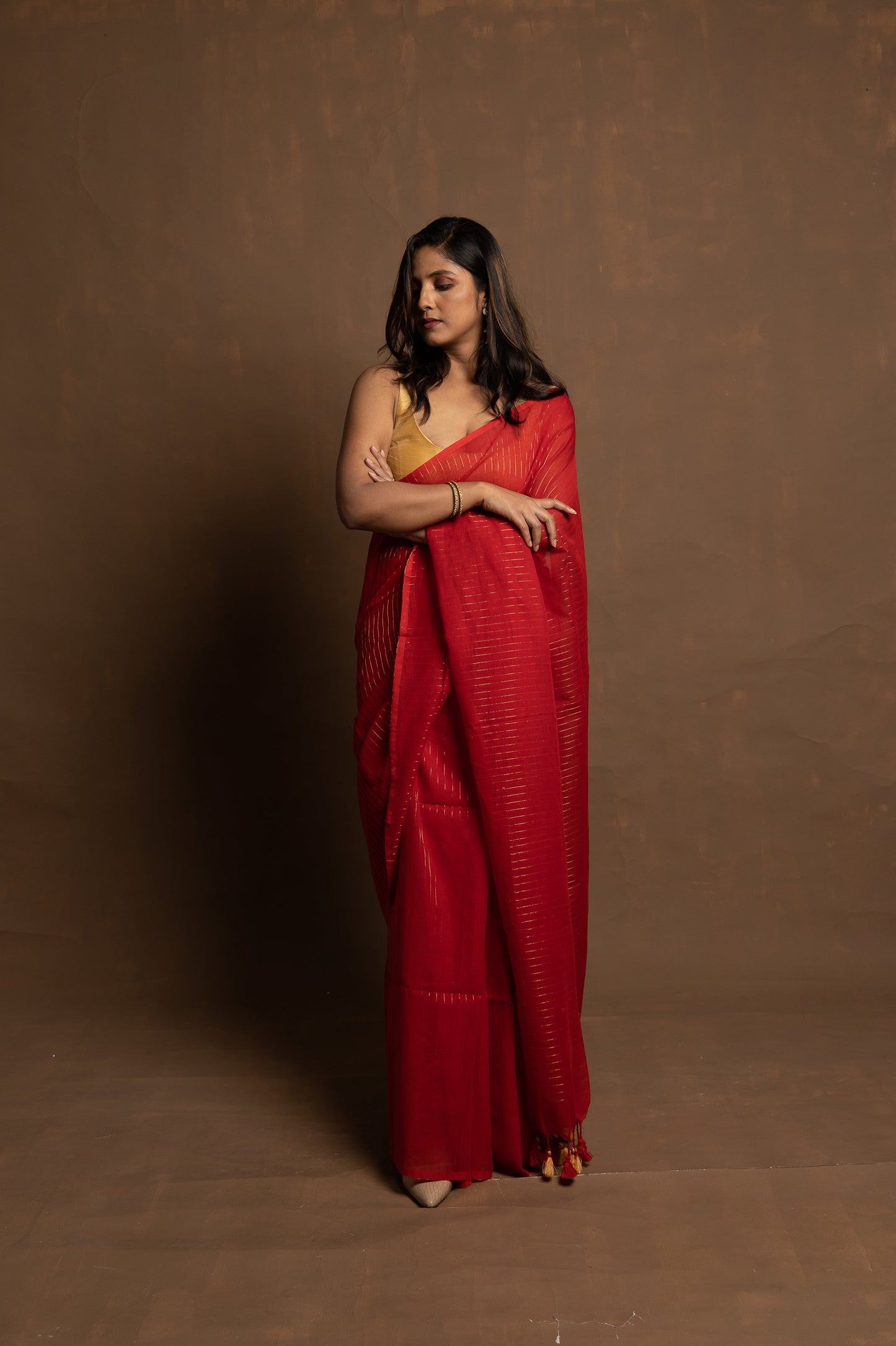 Red shooting star I Handloom red saree with zari stripes