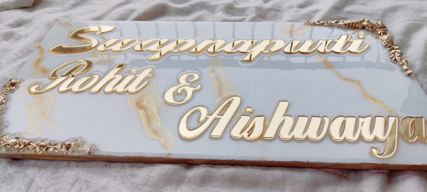 Customizable Resin Art Name Plates - White with Gold, 18*9