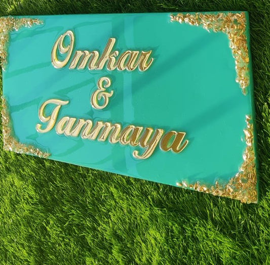 Customizable Resin Art Name Plates - Green with Gold, 20*10