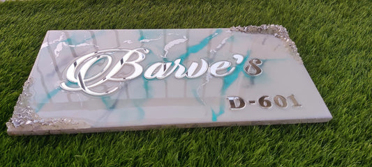 Customizable Resin Art Name Plates - White with Blue shades, 20*10