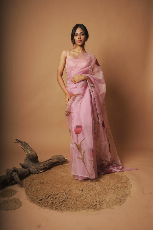 Rose Blush | Lavender Floral Hand Painted Organza Saree