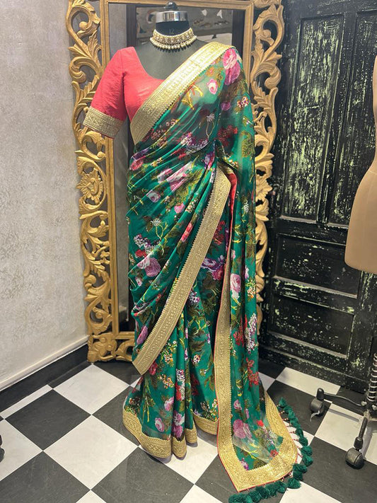 Green Floral Prints Chiffon Saree