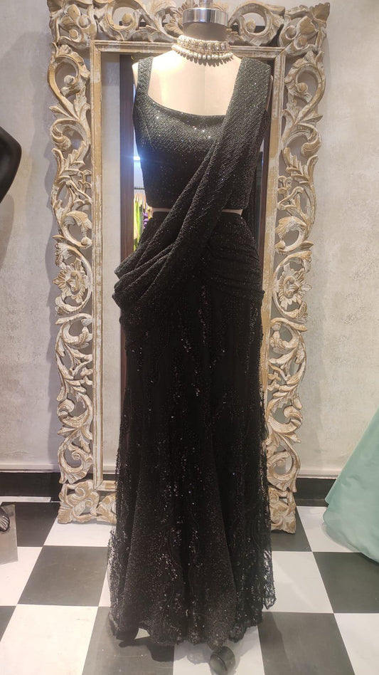 Black Zardozi Embroidery Embellished Mesh Fabric Draped Saree