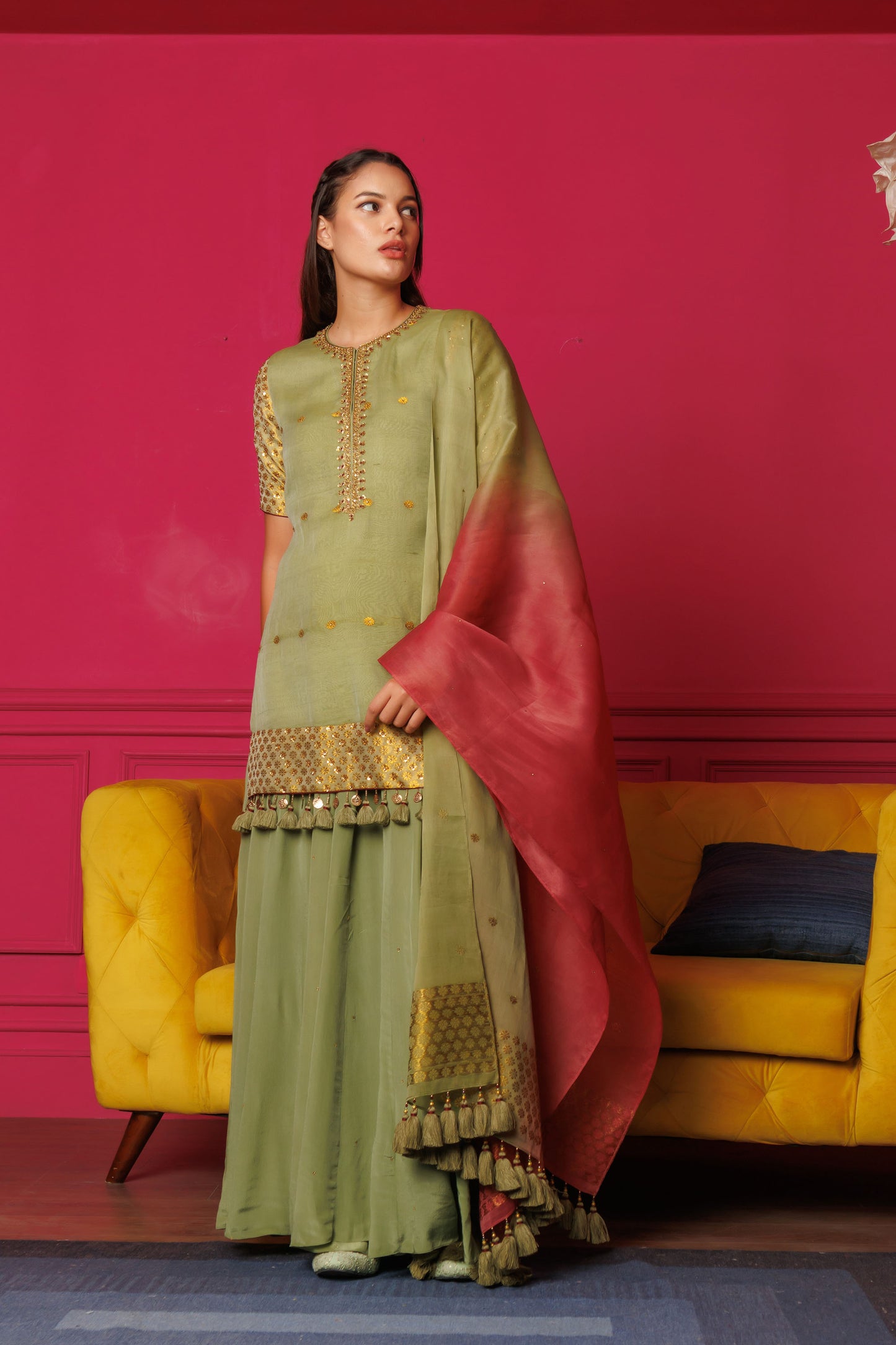 Olive Love Handwoven Green assam silk sharara