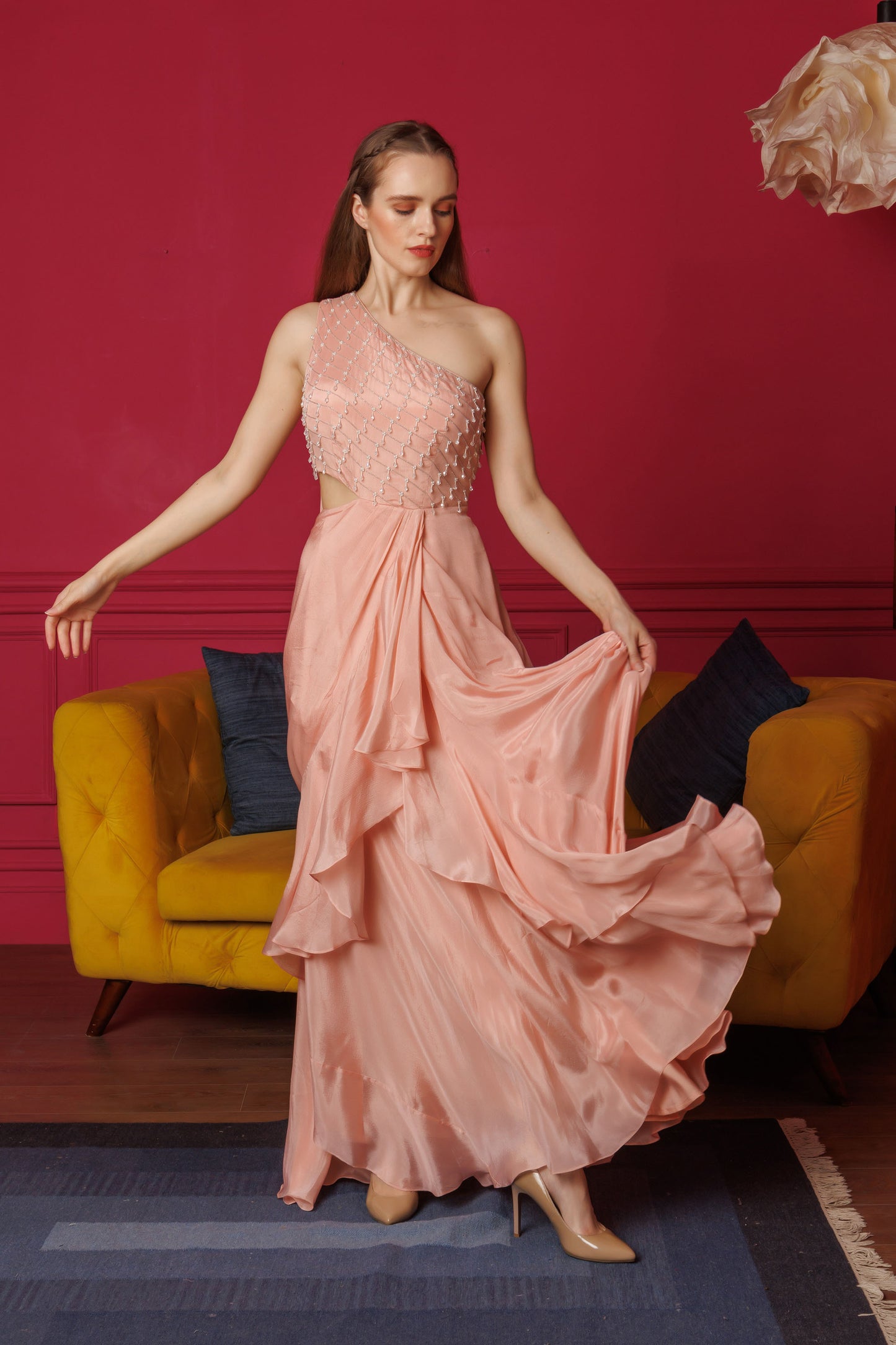 Double Trouble chinnon-chiffon Peach gown