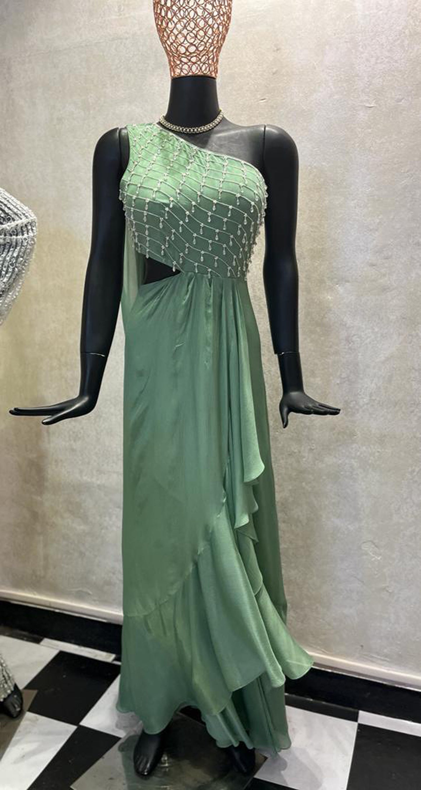 Double Trouble chinnon-chiffon Green gown