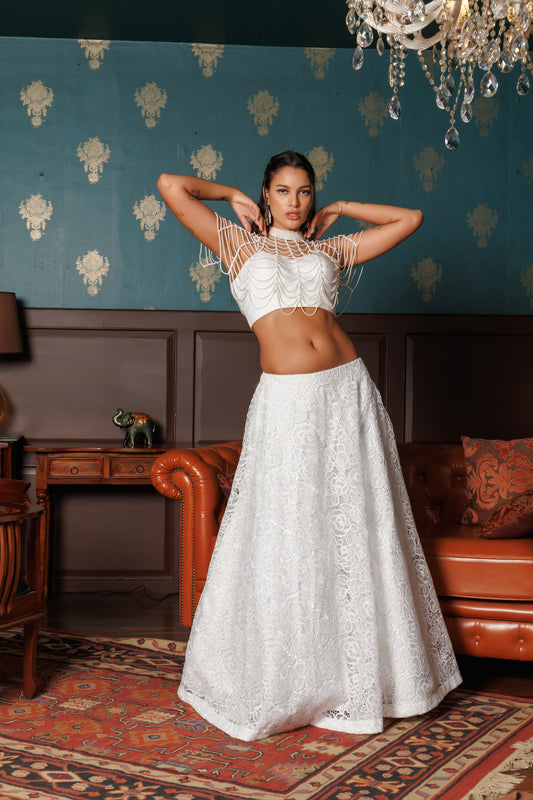 Pearly Whites White satin floral lehenga