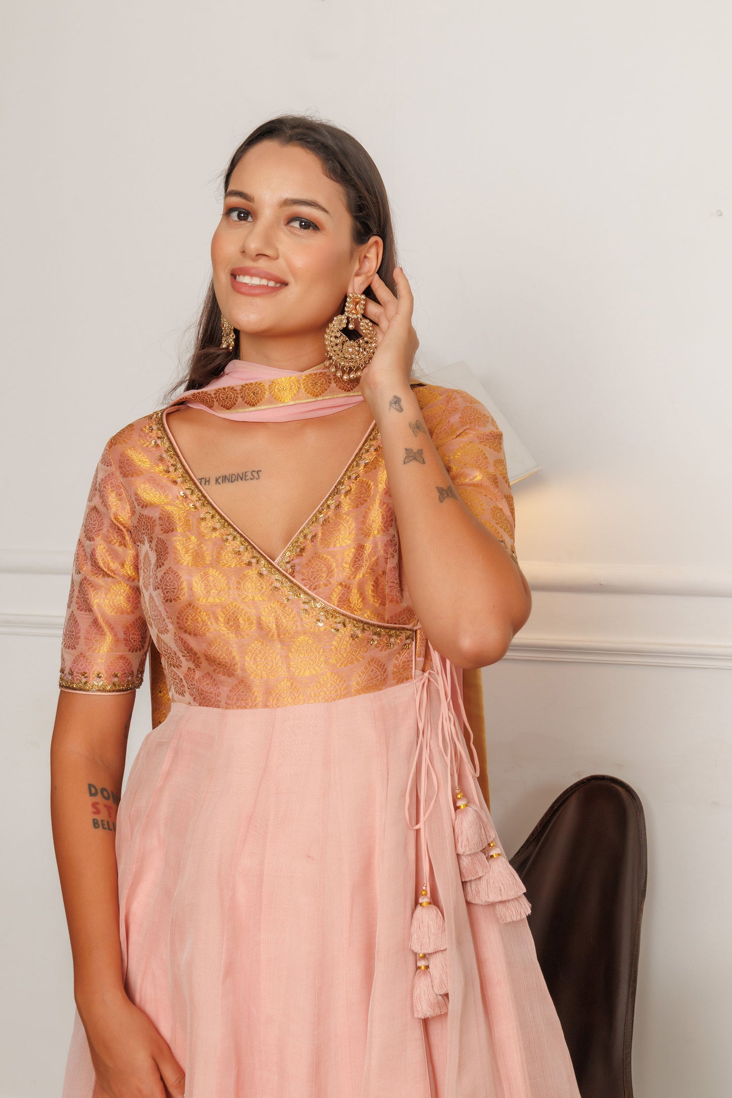 Silky Peach Hand woven Pure Assam Silk Anarkali