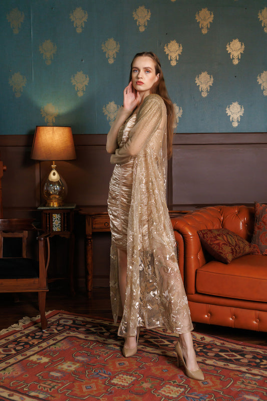 Glitz and Glamour (Long Cape) Gold Cocktail dress