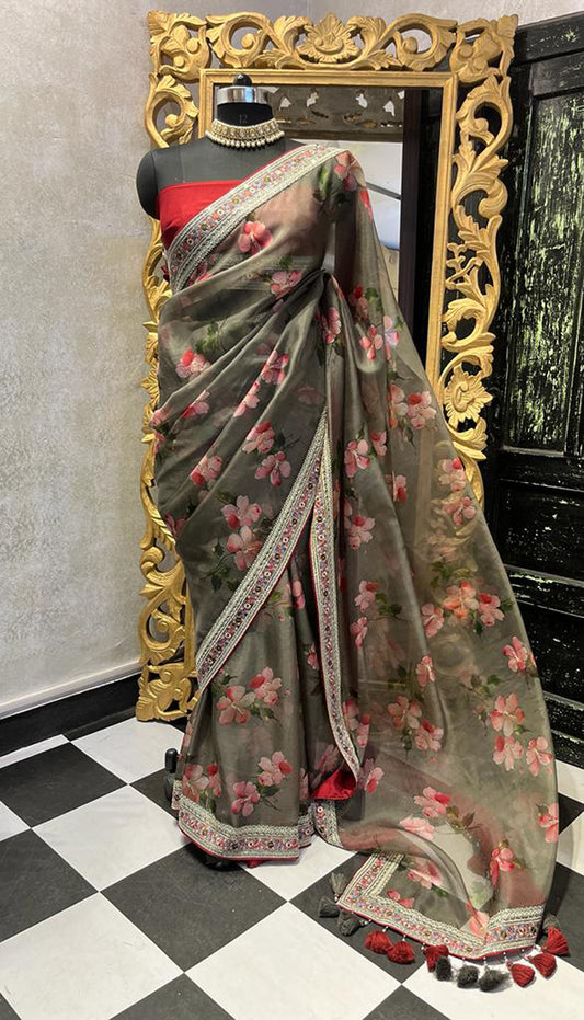 Pastel Sheers (Printed) Black Organza Zardosi saree