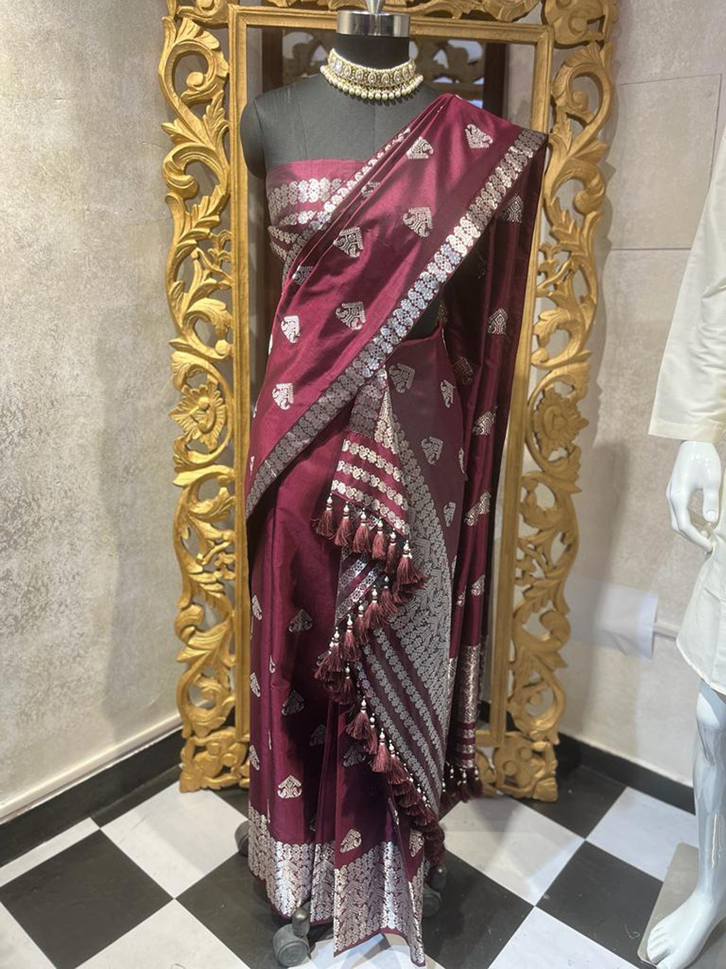 Burgundy Pure Assam Silk Hand woven Mekhela chadar