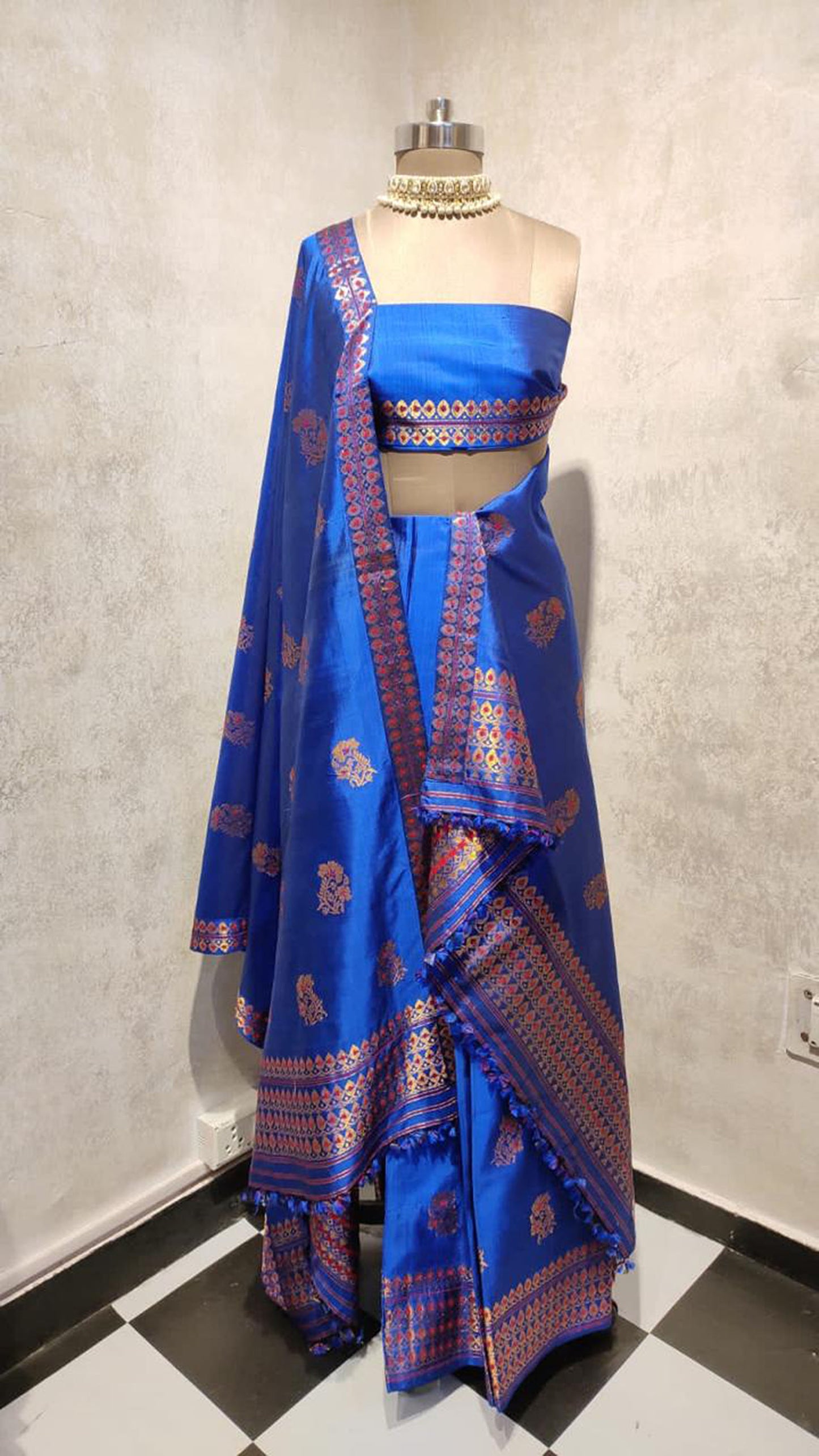 Blue Pure Assam Silk Hand woven Mekhela chadar