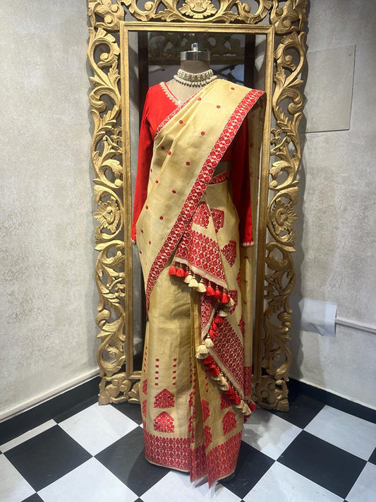 Gold and Red Pure Assam Silk Hand woven Mekhela chadar