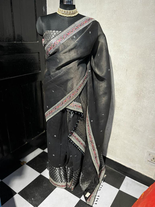 Black Pure Assam Silk Hand woven Mekhela chadar