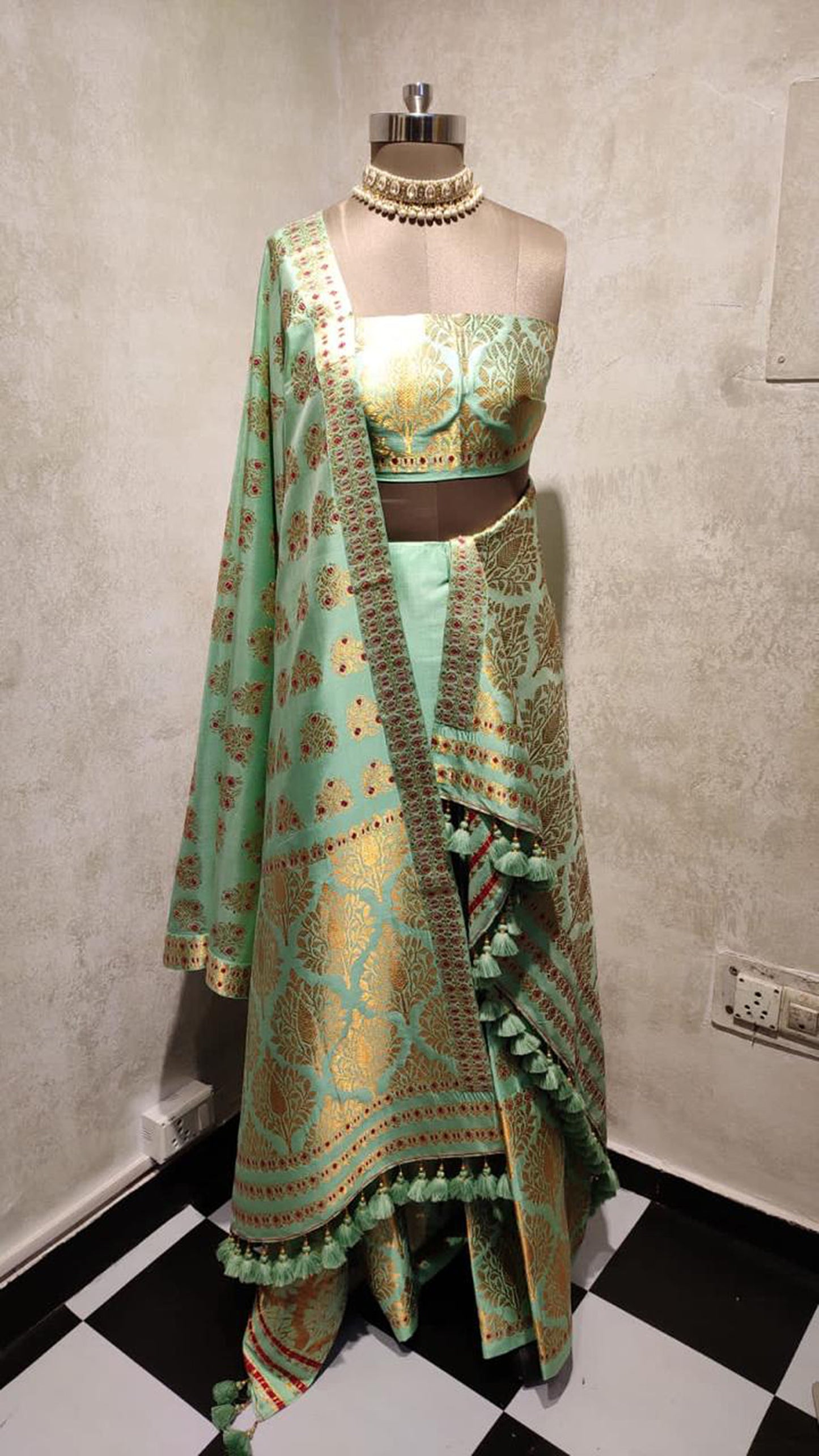 Pista Green Motifts & Hand Woven Assam Silk Mekhela Chador