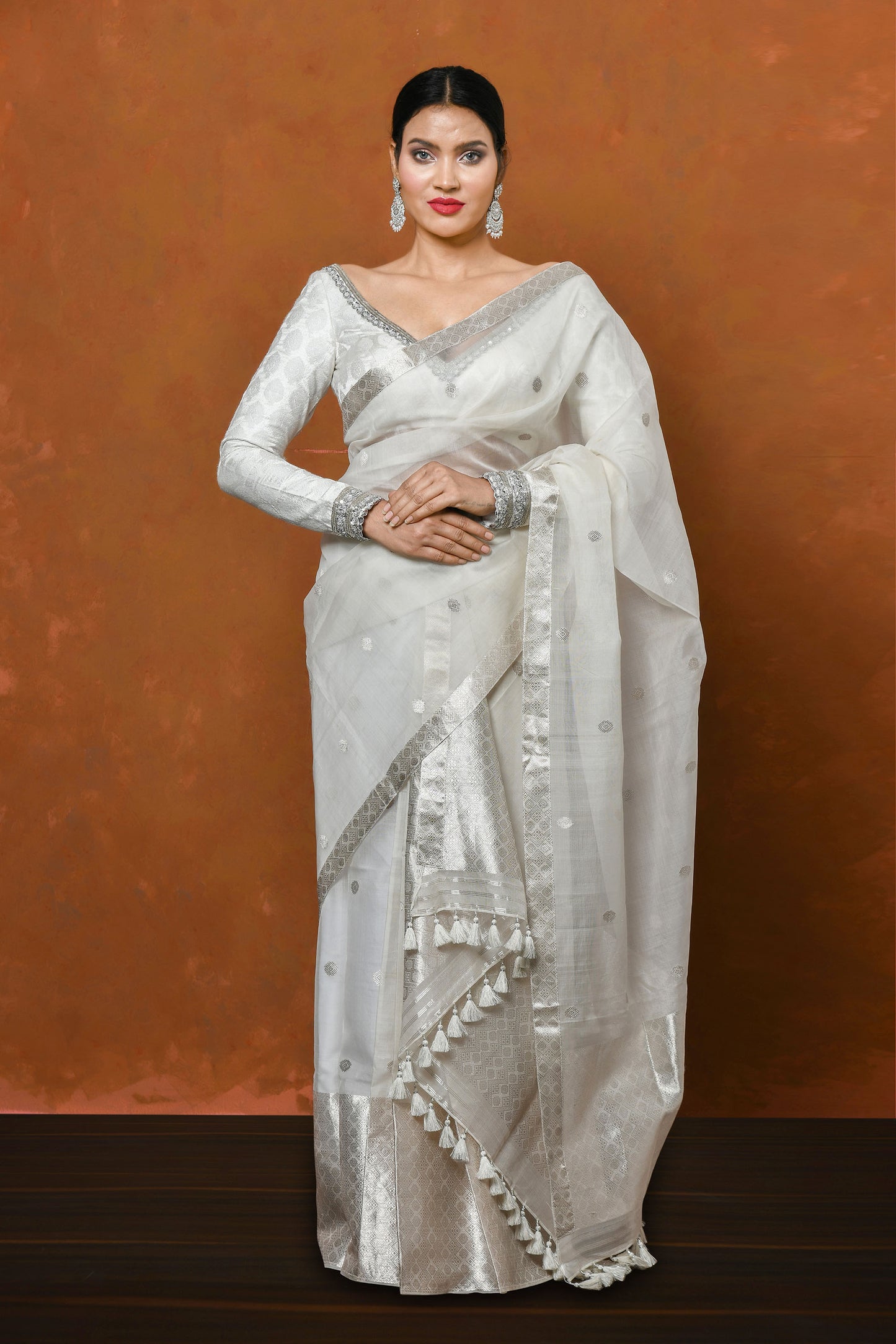 Ivory White and Silver Hand Woven Assam Silk Saree