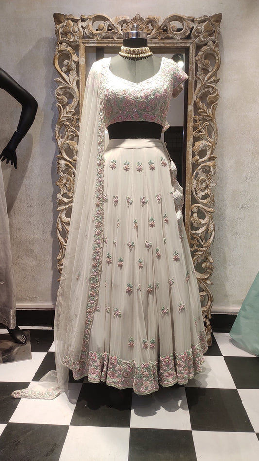 White Floral Embroidery Georgette Bridal Lehenga